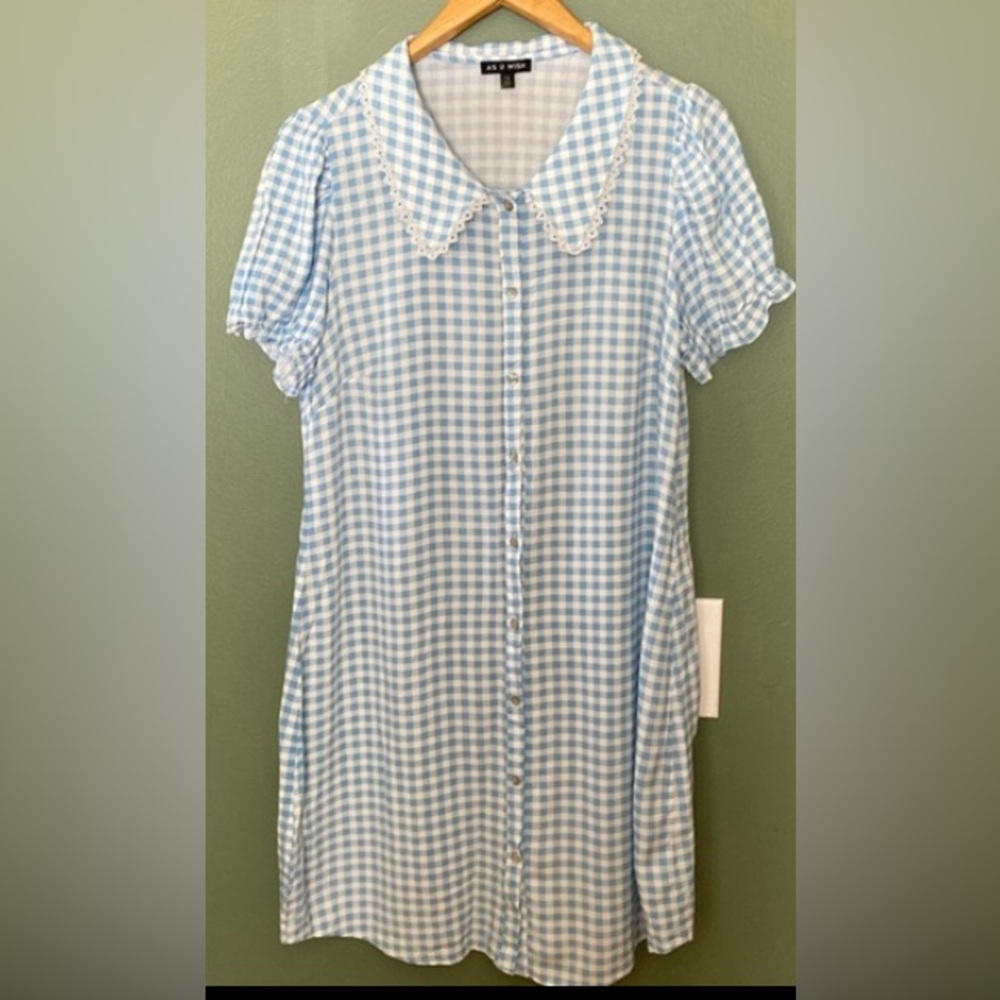 Retro light blue plaid shirt dress